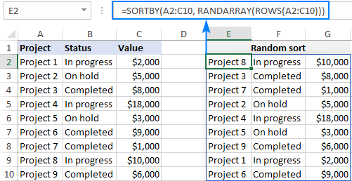Fórmula para ordenar datos aleatoriamente en Excel, manteniendo las filas juntas