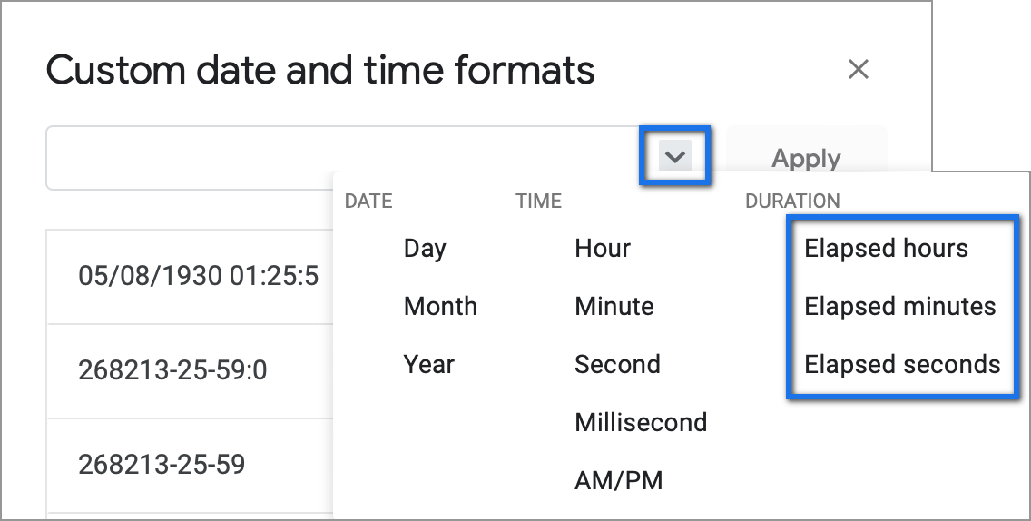 Formatos de duración en Hojas de cálculo de Google: unidades de tiempo transcurrido.