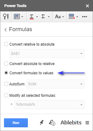 Cambia fórmulas a valores usando la herramienta Ablebits.