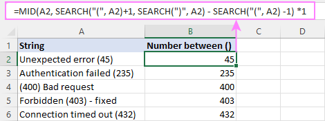 Obtenga el número entre dos caracteres en Excel