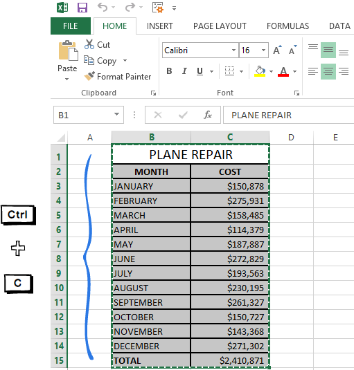 Haga clic en Copiar o presione Ctrl + C para copiar la tabla de Excel a Word.