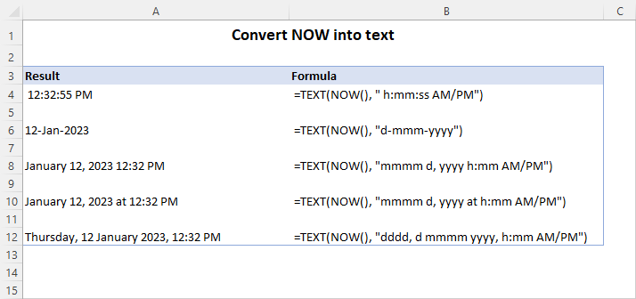 Convierta la fórmula AHORA en texto en Excel.