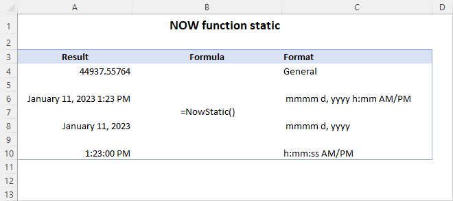 Función estática personalizada AHORA en Excel