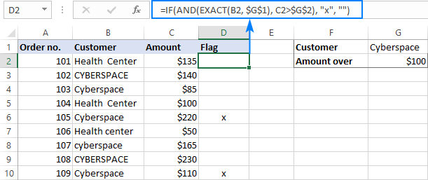 Función IF AND sensible a mayúsculas y minúsculas en Excel