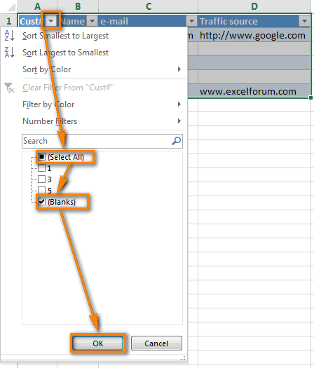 Filtro automático de Excel: mostrar solo filas vacías