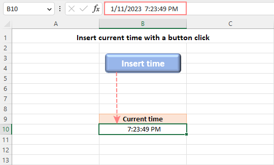 Ingrese la hora actual en Excel con un clic de un botón.