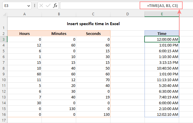 Ingrese la hora específica en Excel usando la función HORA.