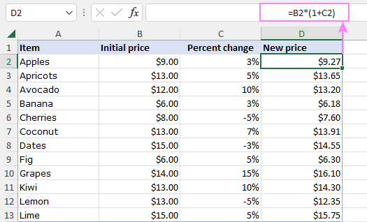 Cálculo del valor después del aumento/disminución del porcentaje.