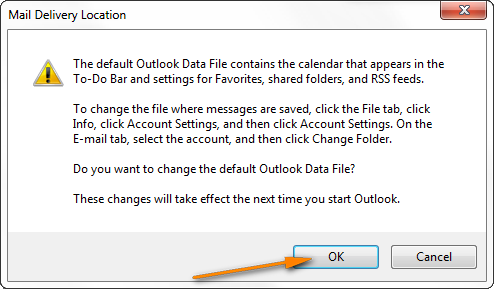 Confirme que realmente desea cambiar el archivo de datos de Outlook predeterminado.