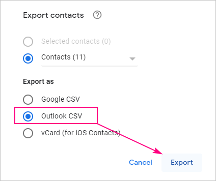 Exporte los contactos de Google como CSV de Outlook.