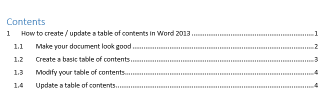 La tabla de contenido resultante en Word