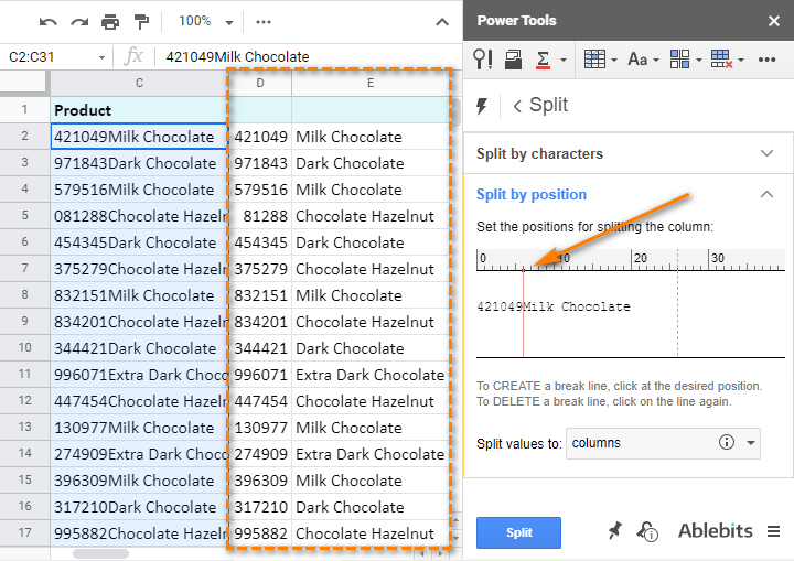 Dividir celdas en Google Sheets por posición en Power Tools.