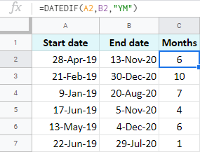 Calcula el número de meses entre dos fechas ignorando los años anteriores.