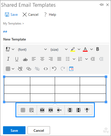 Panel para agregar o eliminar filas y columnas de una tabla.