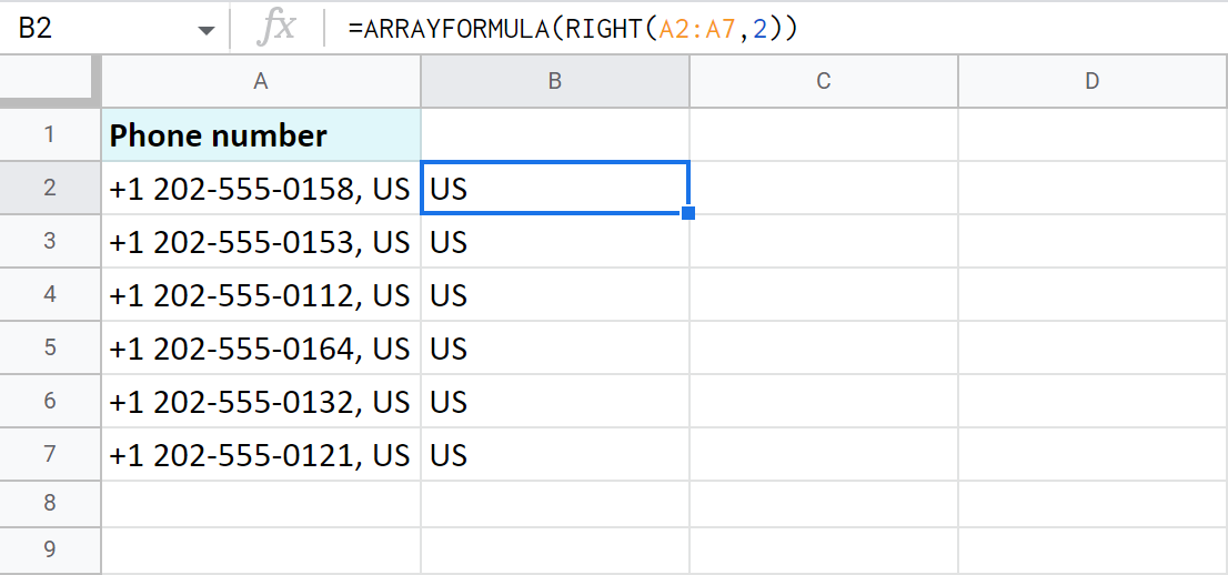 Extraiga datos del final de todas las celdas de Google Sheets a la vez usando ArrayFormula.