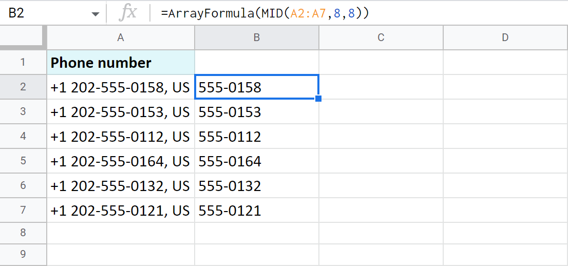 Use ArrayFormula para extraer datos del centro de todas las celdas de Hojas de cálculo de Google a la vez.