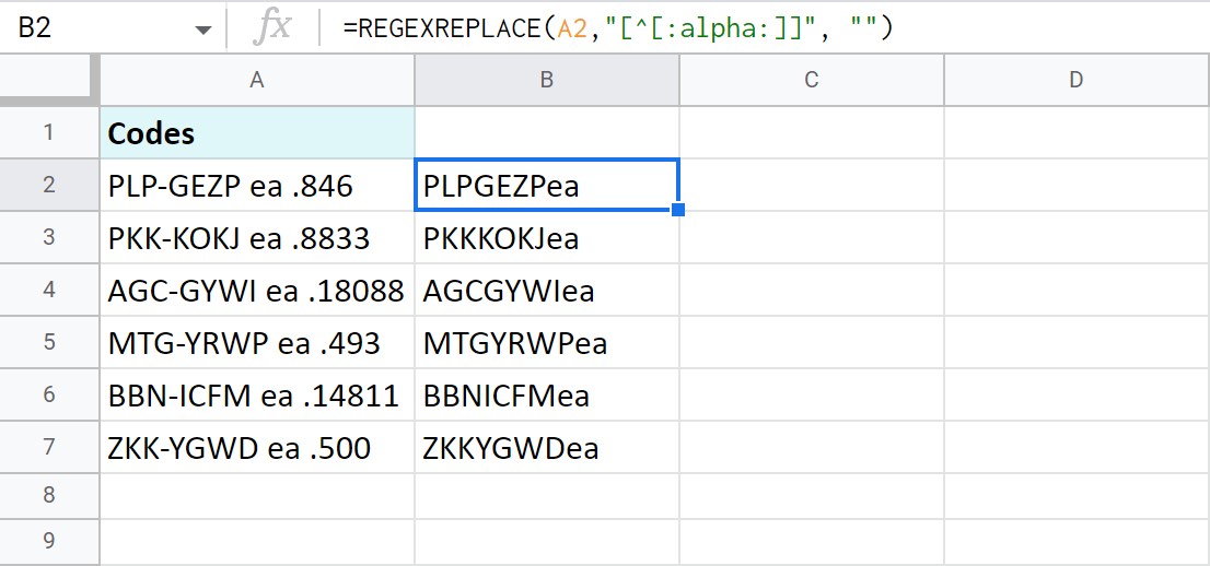 Extraiga datos alfabéticos de las celdas de Google Sheets.