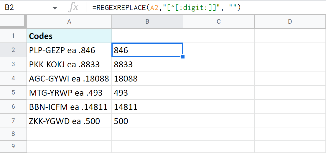Expresión regular para extraer números de las celdas de Google Sheets.