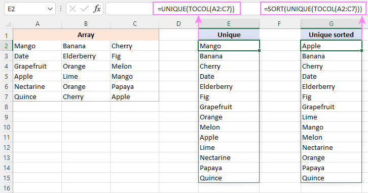 Extraiga valores únicos de un rango de varias columnas.
