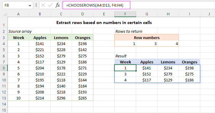 Extraiga filas según los números ingresados ​​en celdas predefinidas.