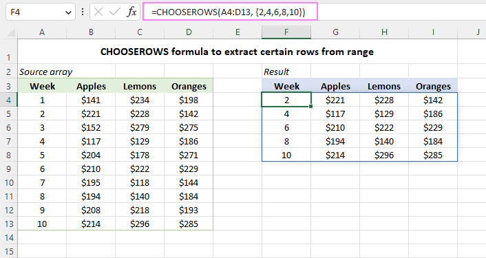 Usando una fórmula CHOOSEROWS en Excel para extraer filas específicas.