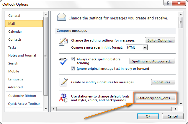 Haga clic en el botón Papelería y fuentes para configurar la plantilla recién creada como el tema de correo electrónico predeterminado de Outlook.