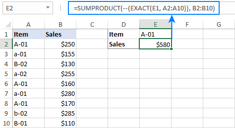 Fórmula Sum If que distingue entre mayúsculas y minúsculas en Excel