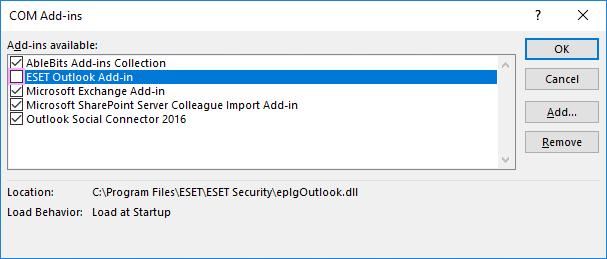 Desmarque el complemento de Outlook de ESET.