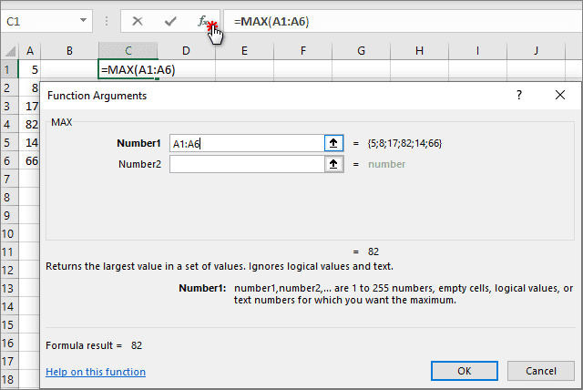 Argumentos de función para funciones nativas de Excel