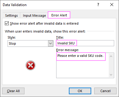 Alerta de error de validación de datos