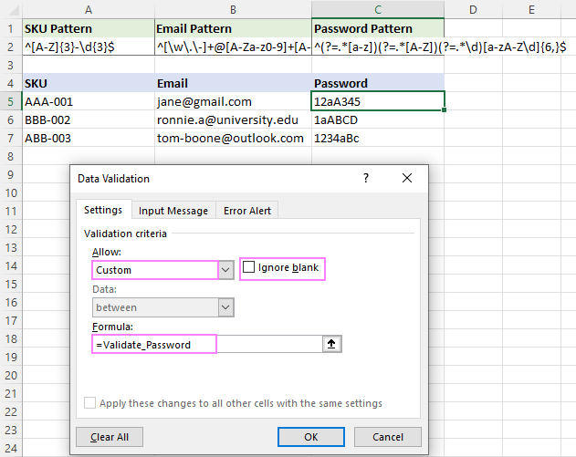 Configuración de criterios de validación de datos de contraseña