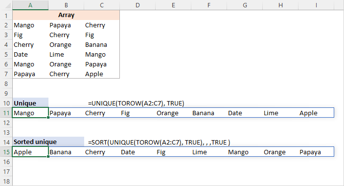 Extraiga valores únicos de un rango de varias columnas en una sola fila.